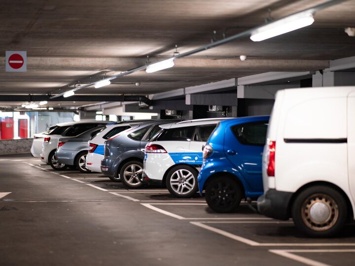 Cars parked in a parking garage